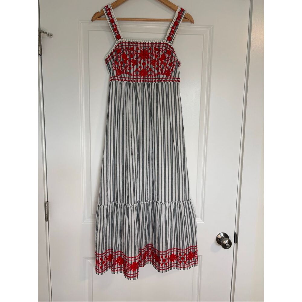 Kate Spade Broome Street Grey & White Striped With Red Embroidery Midi Dress XS - Picture 3 of 8